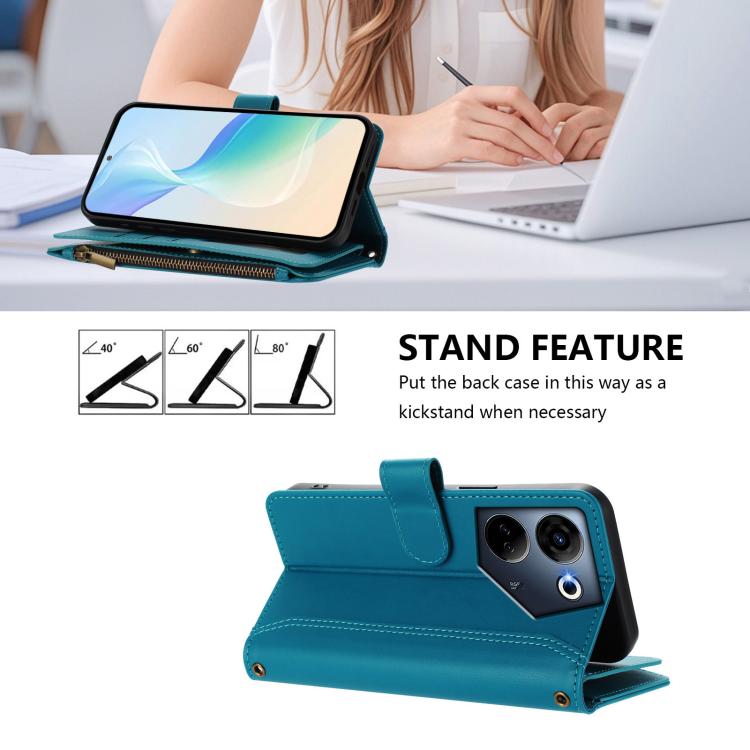 For Tecno Camon 20 4G / 20 Pro 4G Magnetic Closure 9 Card Slots Zipper Leather Case with Hand Strap