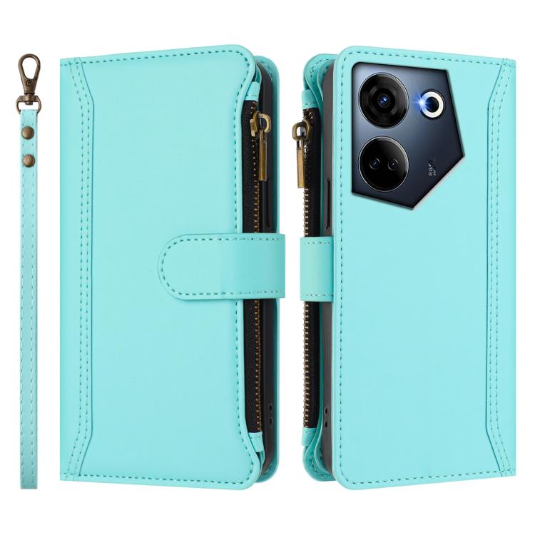 For Tecno Camon 20 4G / 20 Pro 4G Magnetic Closure 9 Card Slots Zipper Leather Case with Hand Strap