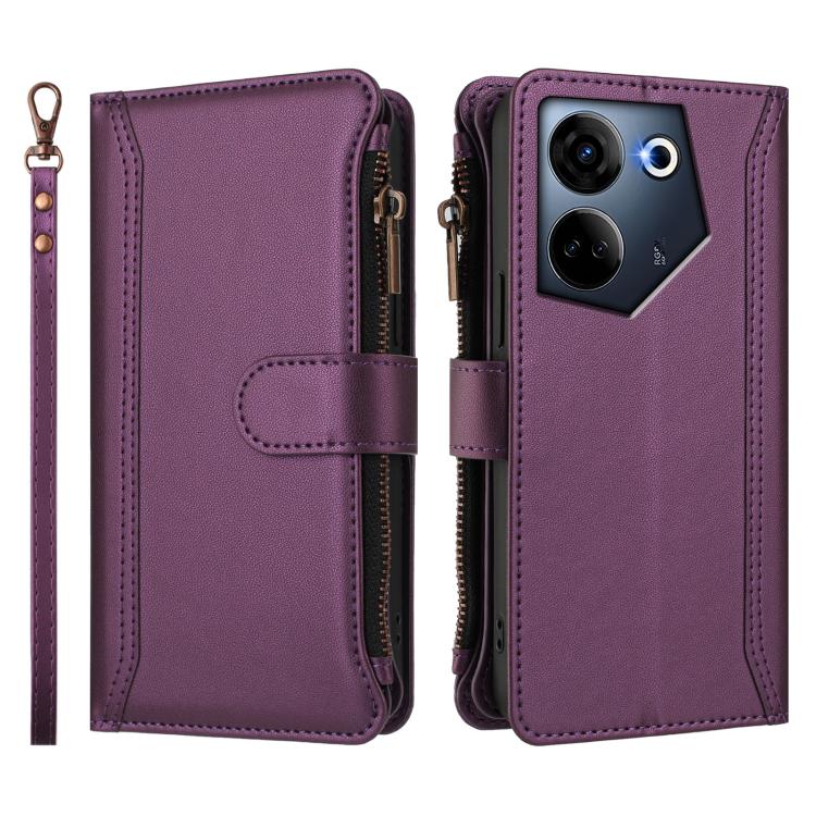 For Tecno Camon 20 4G / 20 Pro 4G Magnetic Closure 9 Card Slots Zipper Leather Case with Hand Strap