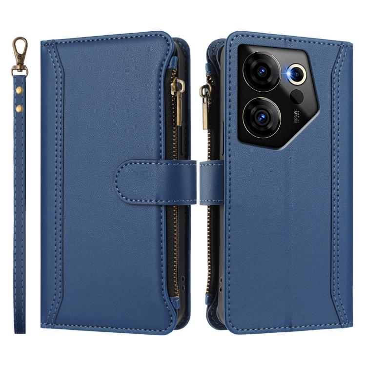 For Tecno Camon 20 Premier 5G Magnetic Closure 9 Card Slots Zipper Leather Case with Hand Strap