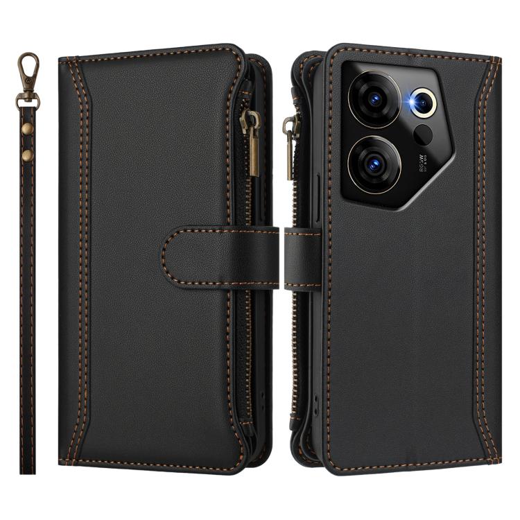 For Tecno Camon 20 Premier 5G Magnetic Closure 9 Card Slots Zipper Leather Case with Hand Strap