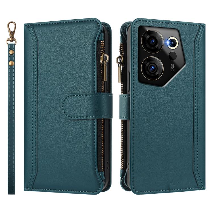 For Tecno Camon 20 Premier 5G Magnetic Closure 9 Card Slots Zipper Leather Case with Hand Strap