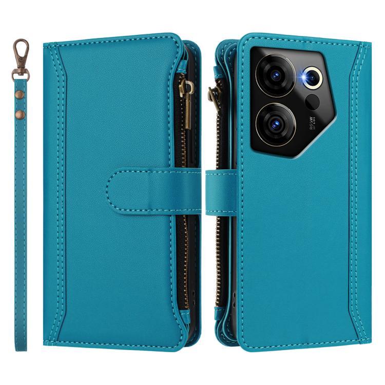 For Tecno Camon 20 Premier 5G Magnetic Closure 9 Card Slots Zipper Leather Case with Hand Strap