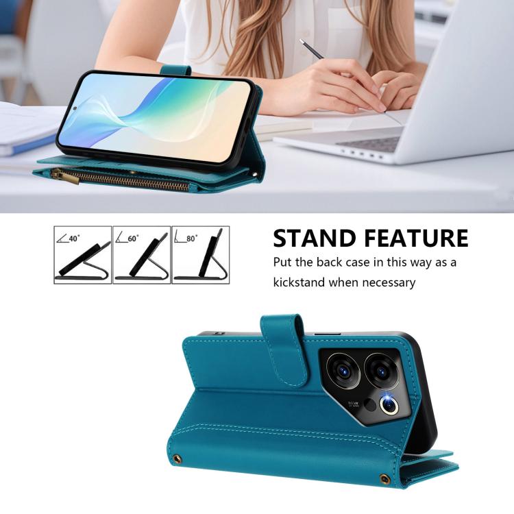 For Tecno Camon 20 Premier 5G Magnetic Closure 9 Card Slots Zipper Leather Case with Hand Strap
