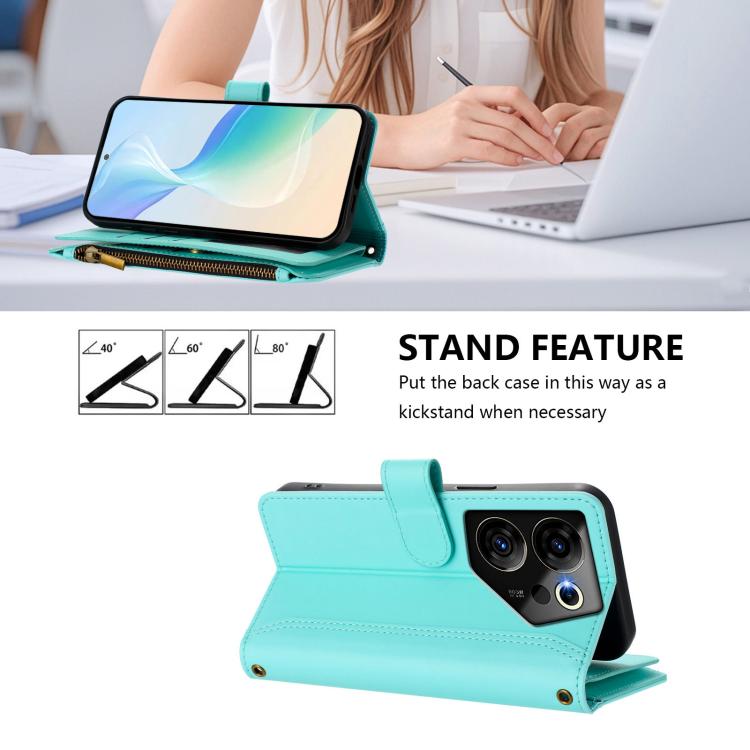 For Tecno Camon 20 Premier 5G Magnetic Closure 9 Card Slots Zipper Leather Case with Hand Strap