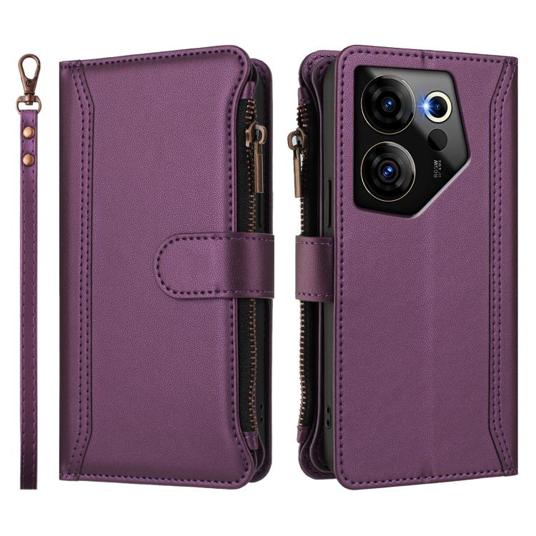 For Tecno Camon 20 Premier 5G Magnetic Closure 9 Card Slots Zipper Leather Case with Hand Strap