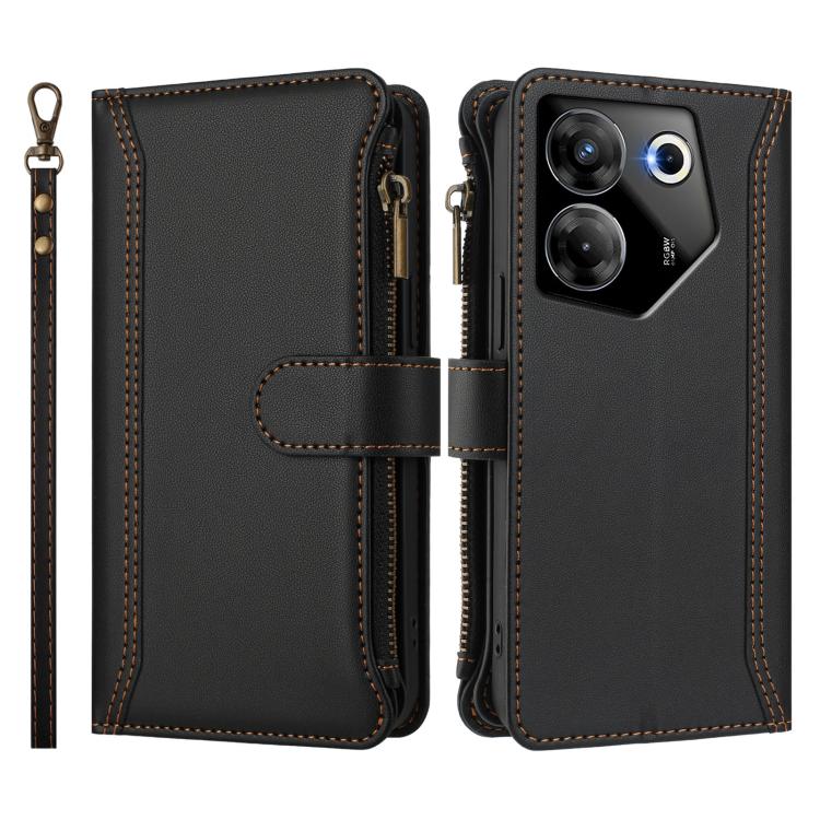 For Tecno Camon 20 Pro 5G Magnetic Closure 9 Card Slots Zipper Leather Case with Hand Strap