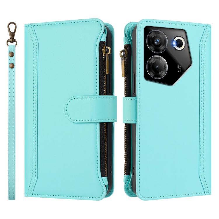 For Tecno Camon 20 Pro 5G Magnetic Closure 9 Card Slots Zipper Leather Case with Hand Strap