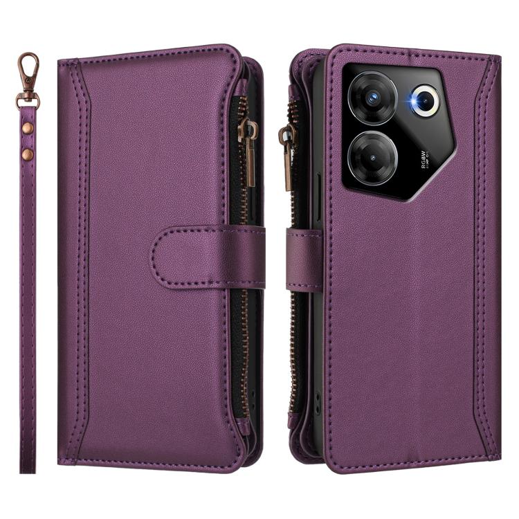 For Tecno Camon 20 Pro 5G Magnetic Closure 9 Card Slots Zipper Leather Case with Hand Strap