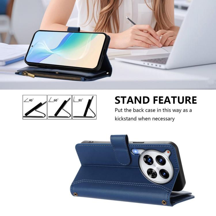 For Tecno Camon 30 Premier Magnetic Closure 9 Card Slots Zipper Leather Case with Hand Strap