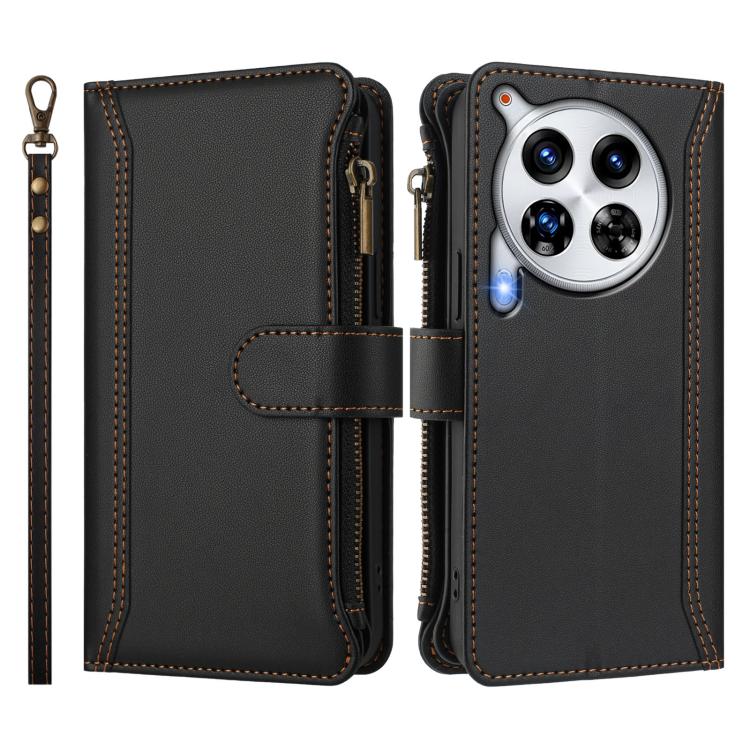 For Tecno Camon 30 Premier Magnetic Closure 9 Card Slots Zipper Leather Case with Hand Strap