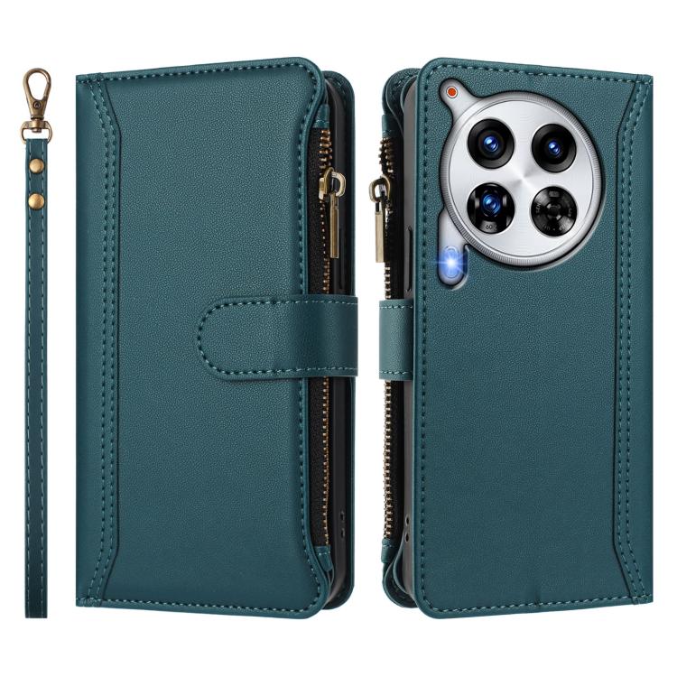 For Tecno Camon 30 Premier Magnetic Closure 9 Card Slots Zipper Leather Case with Hand Strap