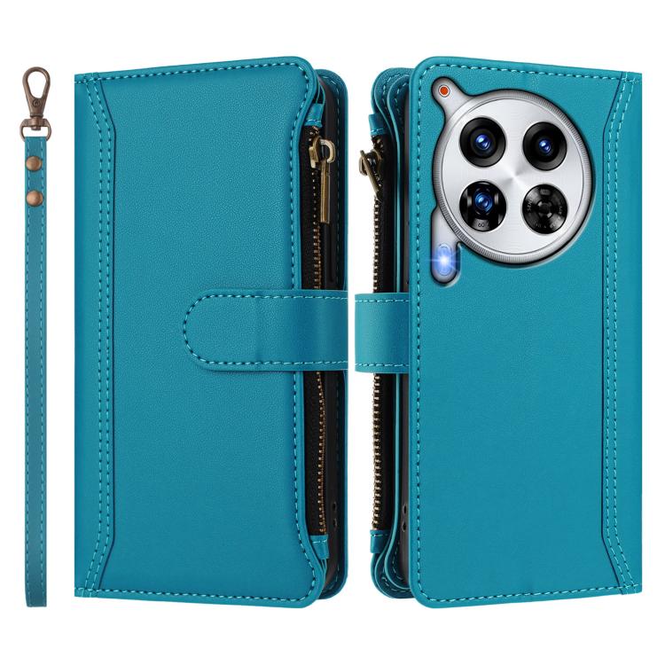 For Tecno Camon 30 Premier Magnetic Closure 9 Card Slots Zipper Leather Case with Hand Strap