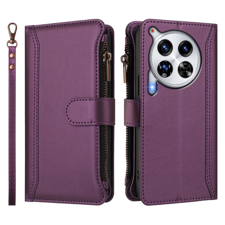 For Tecno Camon 30 Premier Magnetic Closure 9 Card Slots Zipper Leather Case with Hand Strap