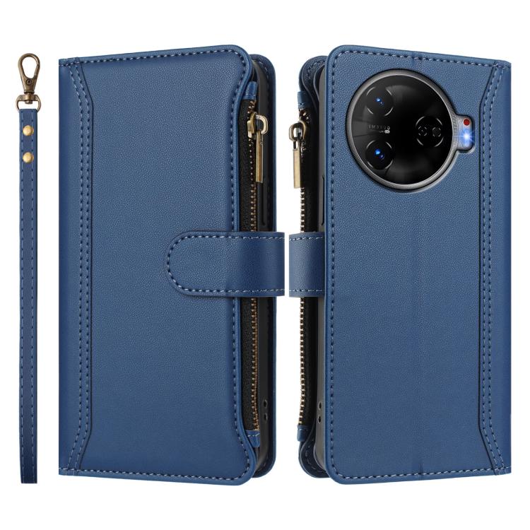 For Tecno Camon 30 Pro 5G Magnetic Closure 9 Card Slots Zipper Leather Case with Hand Strap
