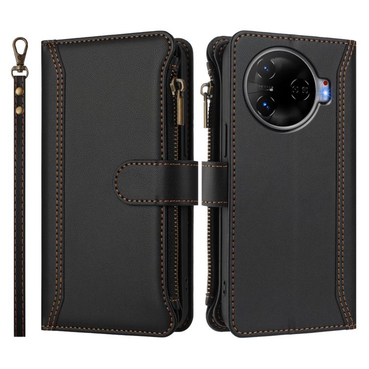 For Tecno Camon 30 Pro 5G Magnetic Closure 9 Card Slots Zipper Leather Case with Hand Strap