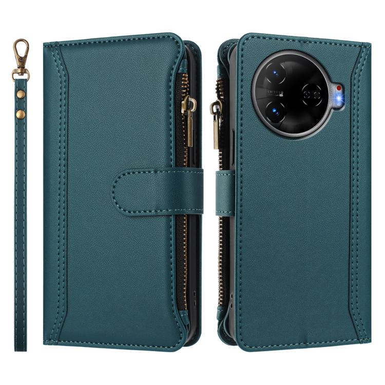 For Tecno Camon 30 Pro 5G Magnetic Closure 9 Card Slots Zipper Leather Case with Hand Strap
