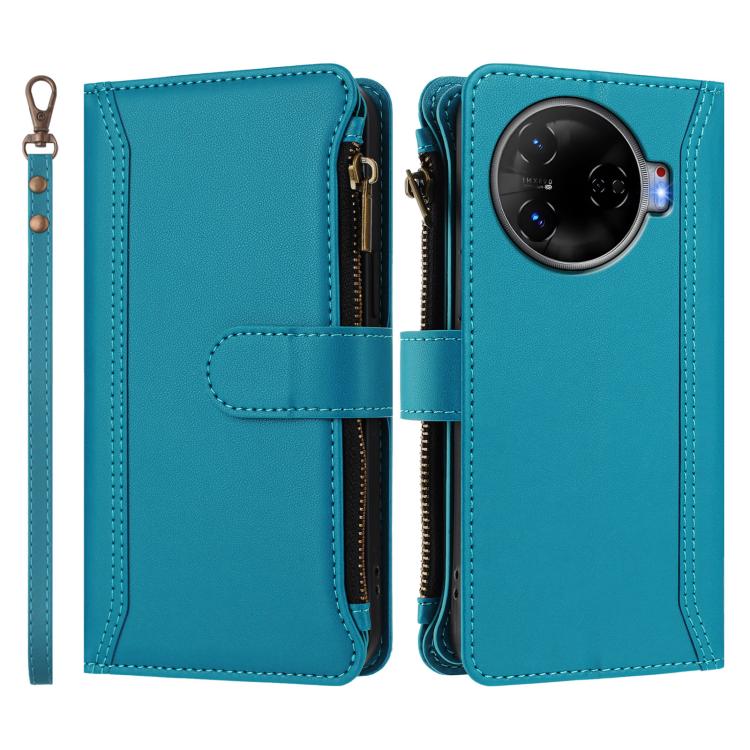 For Tecno Camon 30 Pro 5G Magnetic Closure 9 Card Slots Zipper Leather Case with Hand Strap