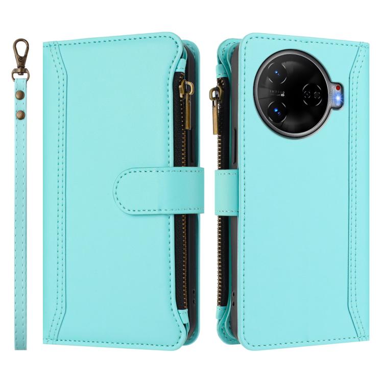 For Tecno Camon 30 Pro 5G Magnetic Closure 9 Card Slots Zipper Leather Case with Hand Strap
