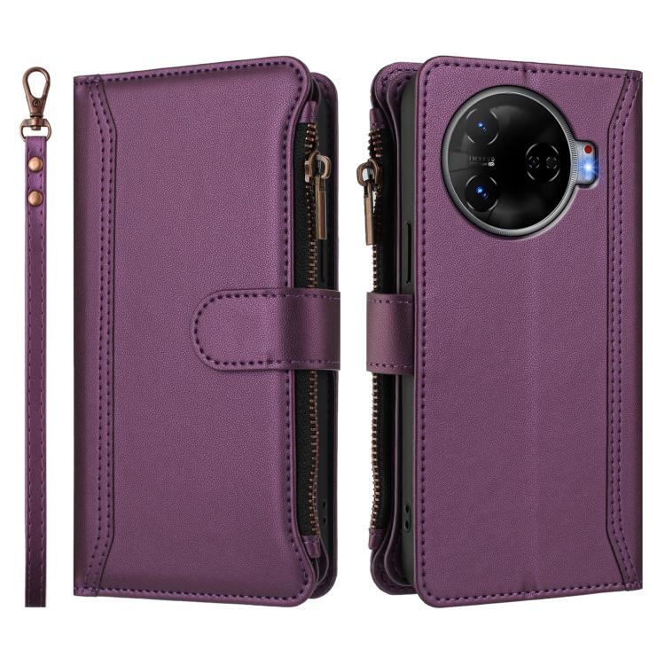 For Tecno Camon 30 Pro 5G Magnetic Closure 9 Card Slots Zipper Leather Case with Hand Strap