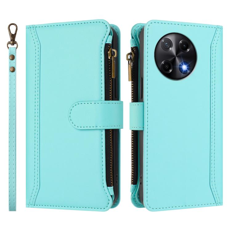 For Tecno Camon 30S / 30S Pro Magnetic Closure 9 Card Slots Zipper Leather Case with Hand Strap