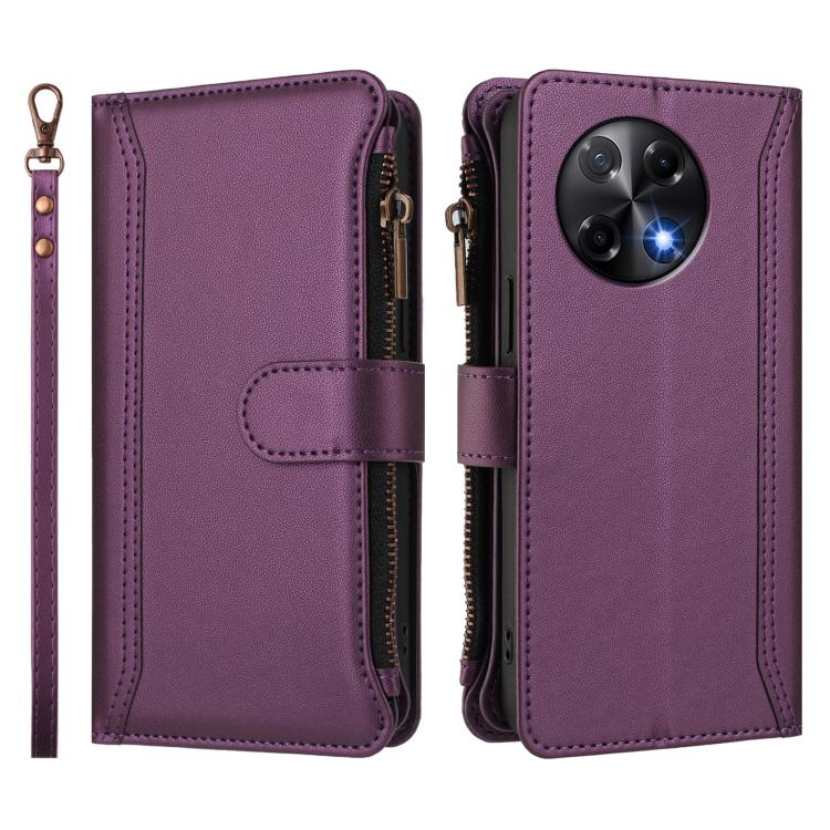 For Tecno Camon 30S / 30S Pro Magnetic Closure 9 Card Slots Zipper Leather Case with Hand Strap