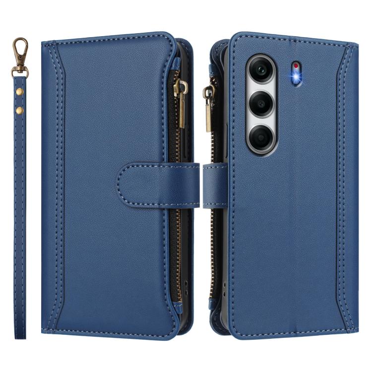 For Tecno Camon 40 4G Magnetic Closure 9 Card Slots Zipper Leather Case with Hand Strap