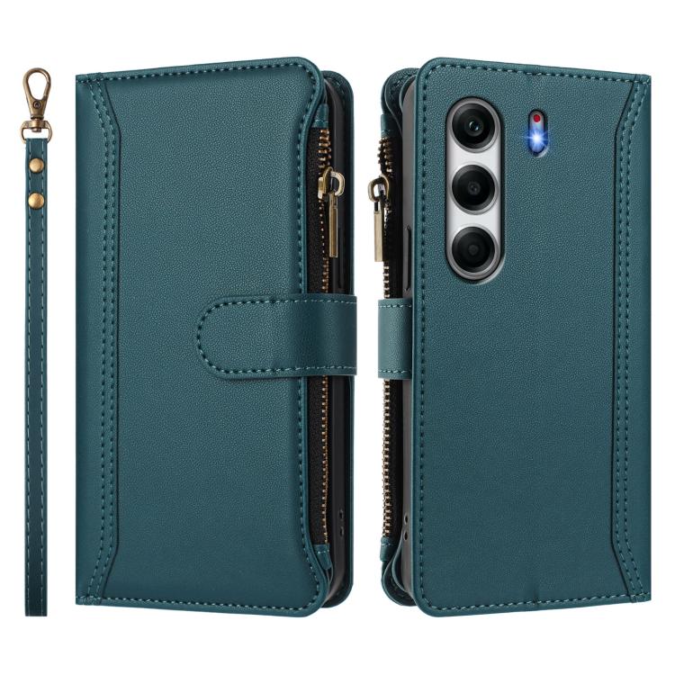 For Tecno Camon 40 4G Magnetic Closure 9 Card Slots Zipper Leather Case with Hand Strap