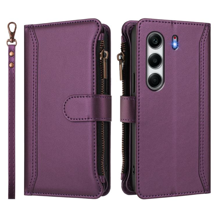 For Tecno Camon 40 4G Magnetic Closure 9 Card Slots Zipper Leather Case with Hand Strap