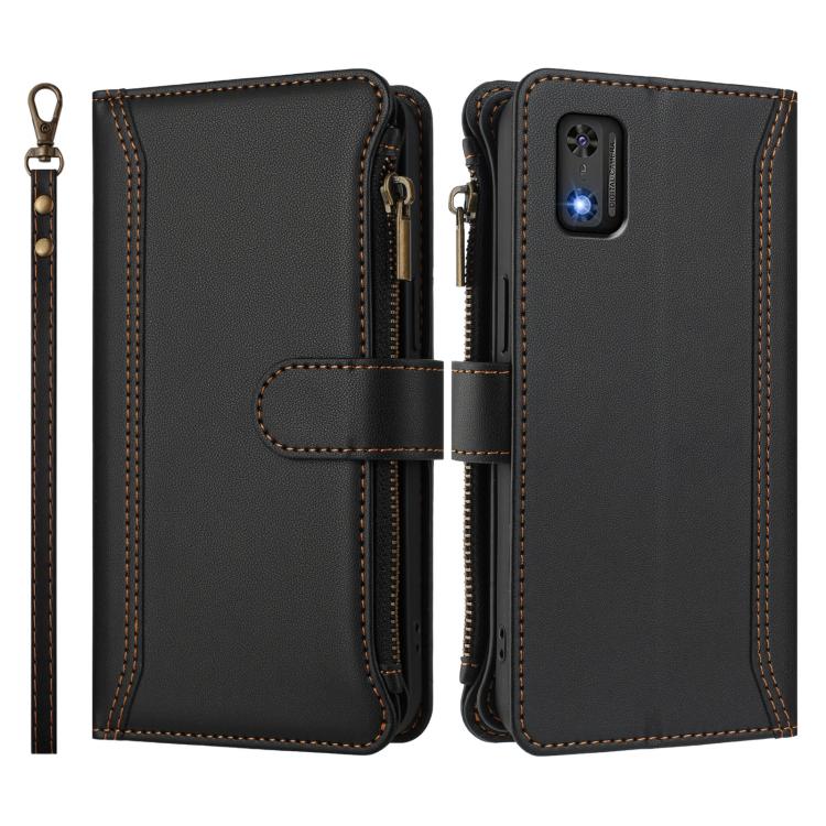 For Tecno Pop 6C / A18 Magnetic Closure 9 Card Slots Zipper Leather Case with Hand Strap