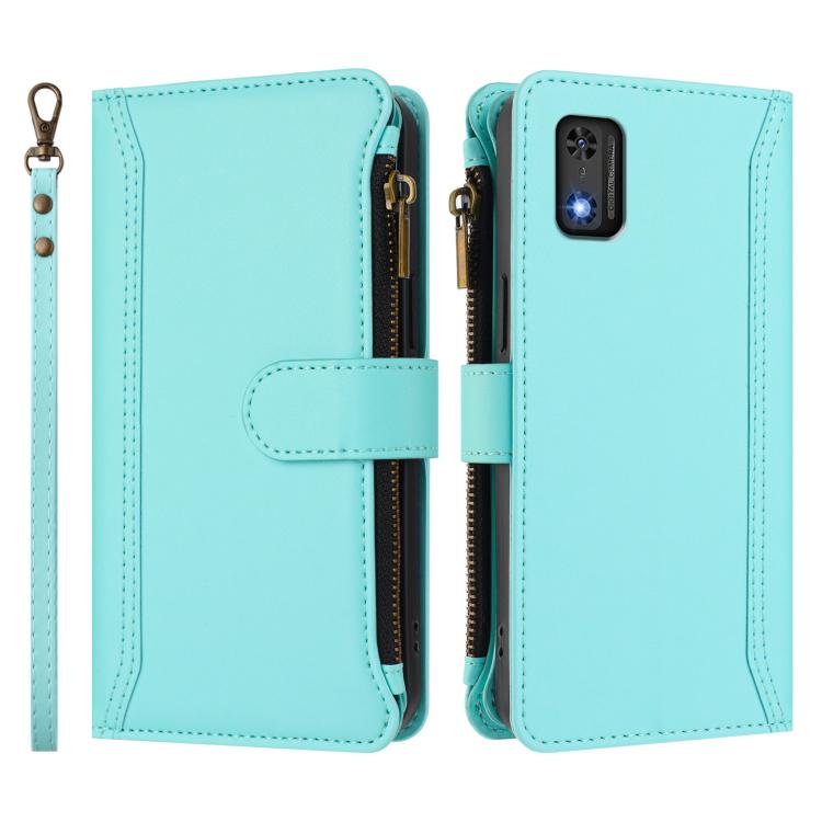 For Tecno Pop 6C / A18 Magnetic Closure 9 Card Slots Zipper Leather Case with Hand Strap
