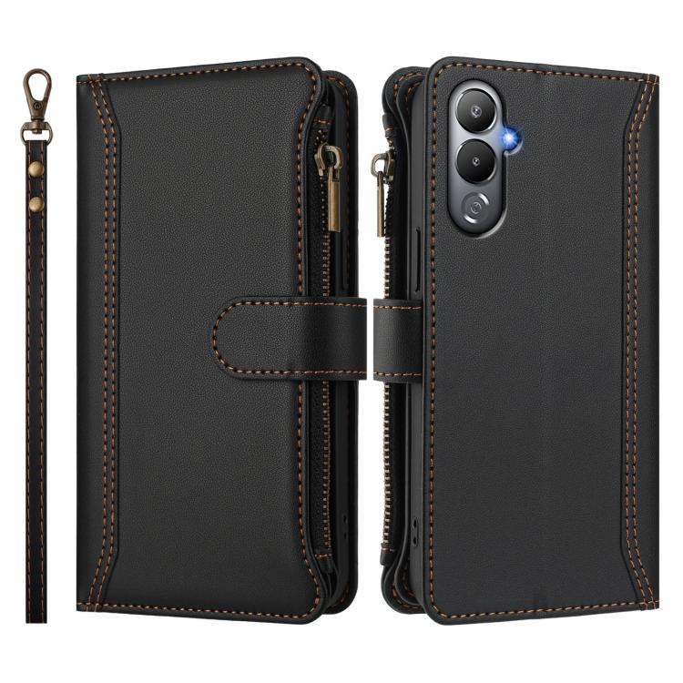 For Tecno Pova 4 Magnetic Closure 9 Card Slots Zipper Leather Case with Hand Strap