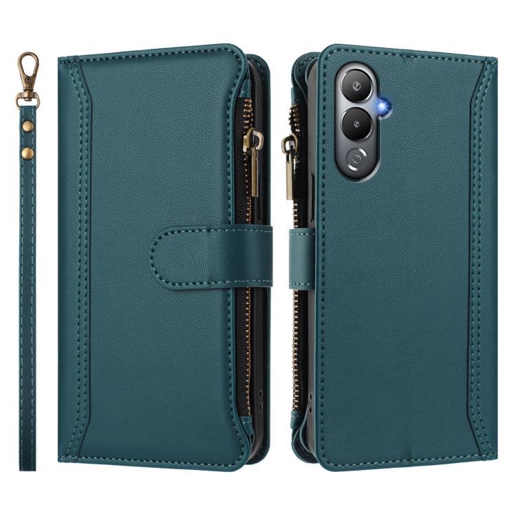 For Tecno Pova 4 Magnetic Closure 9 Card Slots Zipper Leather Case with Hand Strap