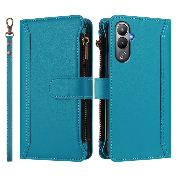 For Tecno Pova 4 Magnetic Closure 9 Card Slots Zipper Leather Case with Hand Strap