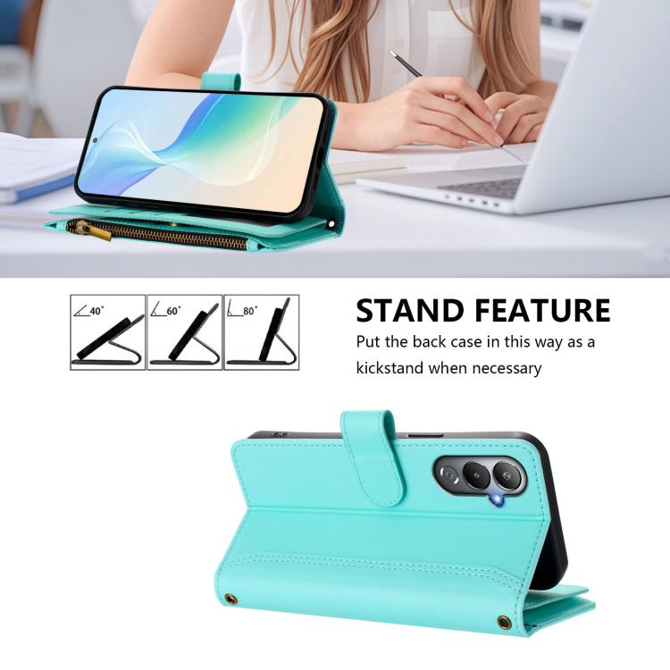 For Tecno Pova 4 Magnetic Closure 9 Card Slots Zipper Leather Case with Hand Strap
