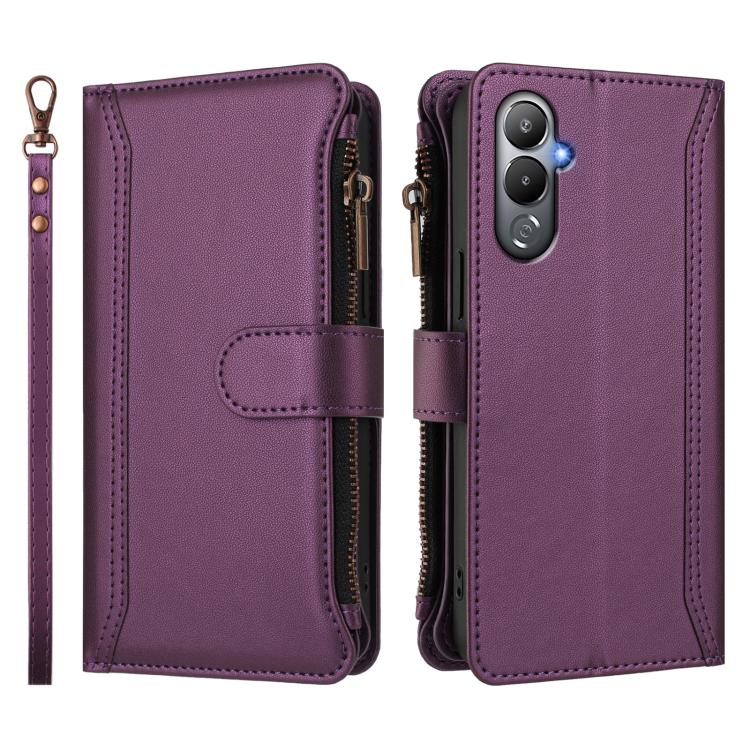 For Tecno Pova 4 Magnetic Closure 9 Card Slots Zipper Leather Case with Hand Strap