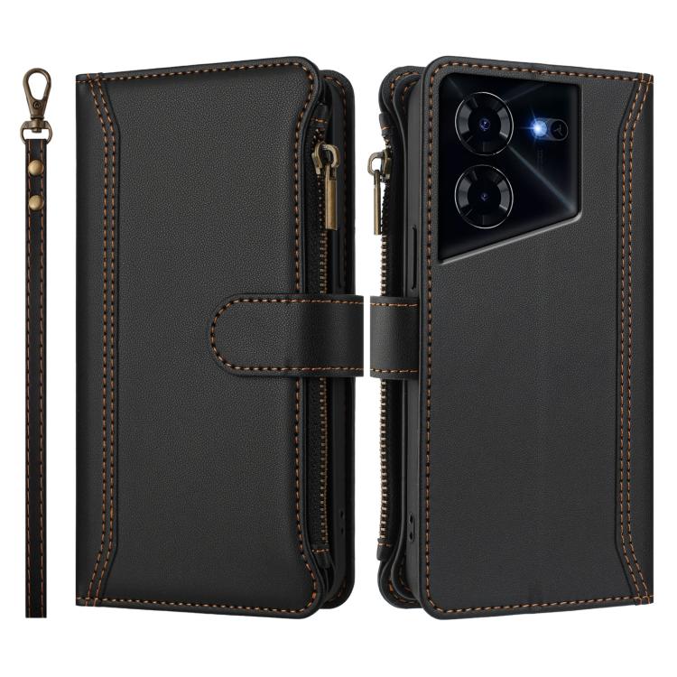 For Tecno Pova 5 4G Magnetic Closure 9 Card Slots Zipper Leather Case with Hand Strap