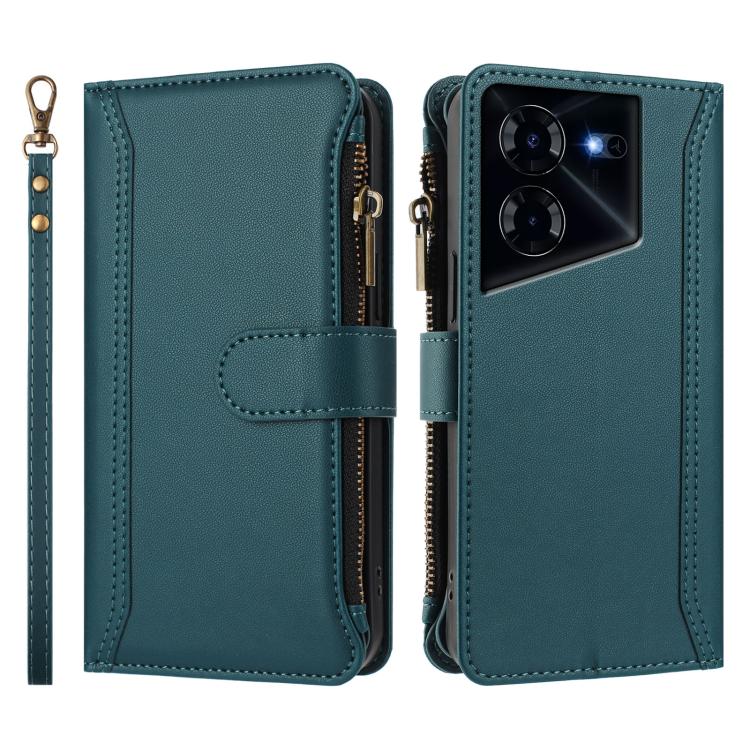 For Tecno Pova 5 4G Magnetic Closure 9 Card Slots Zipper Leather Case with Hand Strap