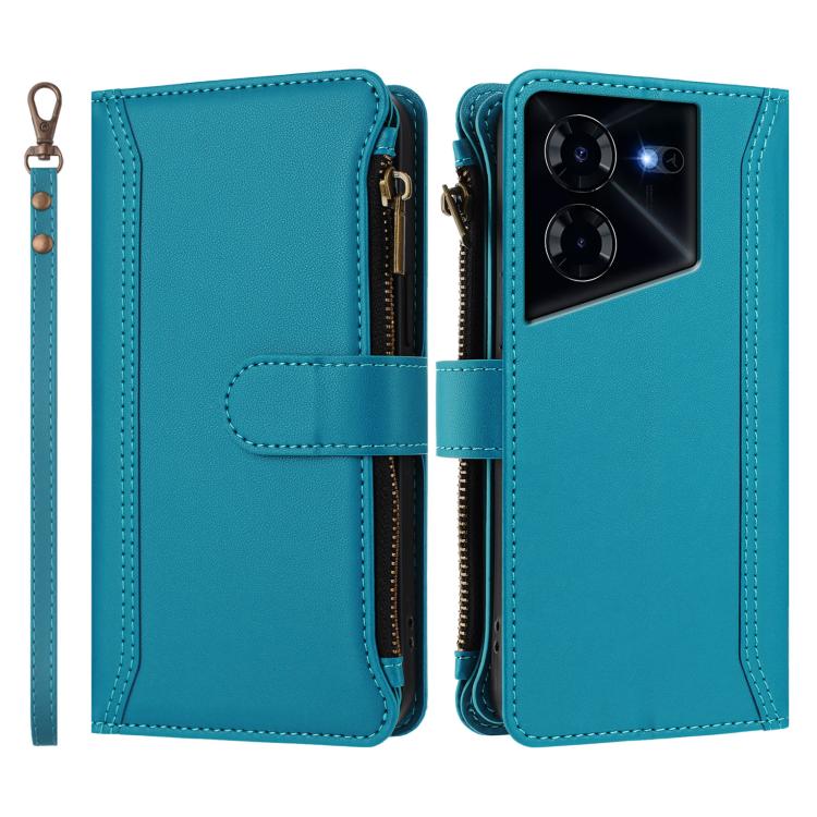 For Tecno Pova 5 4G Magnetic Closure 9 Card Slots Zipper Leather Case with Hand Strap
