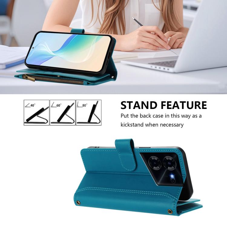 For Tecno Pova 5 4G Magnetic Closure 9 Card Slots Zipper Leather Case with Hand Strap
