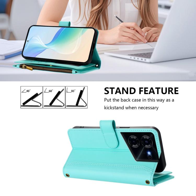 For Tecno Pova 5 4G Magnetic Closure 9 Card Slots Zipper Leather Case with Hand Strap