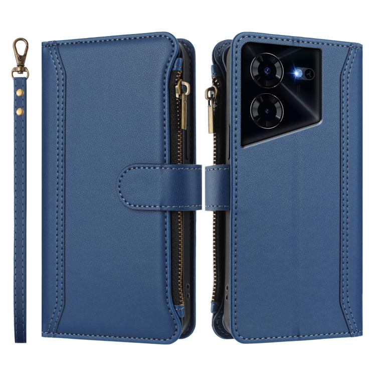 For Tecno Pova 5 Pro 5G Magnetic Closure 9 Card Slots Zipper Leather Case with Hand Strap