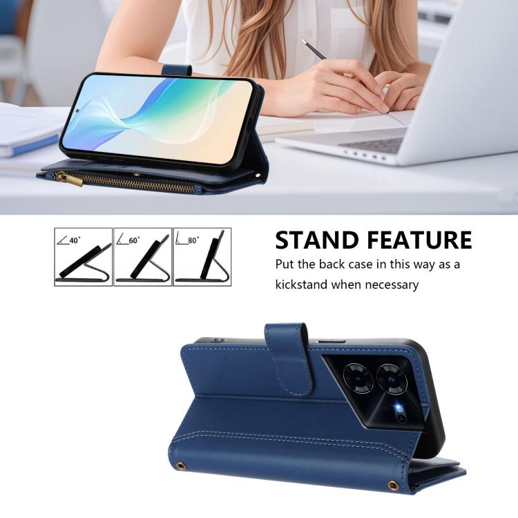 For Tecno Pova 5 Pro 5G Magnetic Closure 9 Card Slots Zipper Leather Case with Hand Strap