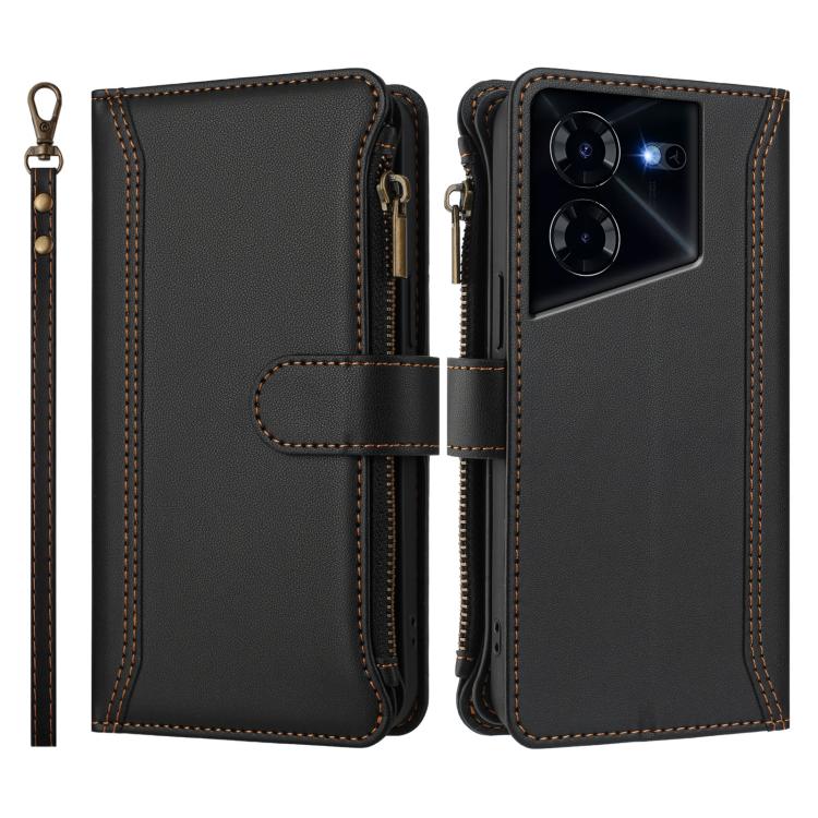 For Tecno Pova 5 Pro 5G Magnetic Closure 9 Card Slots Zipper Leather Case with Hand Strap