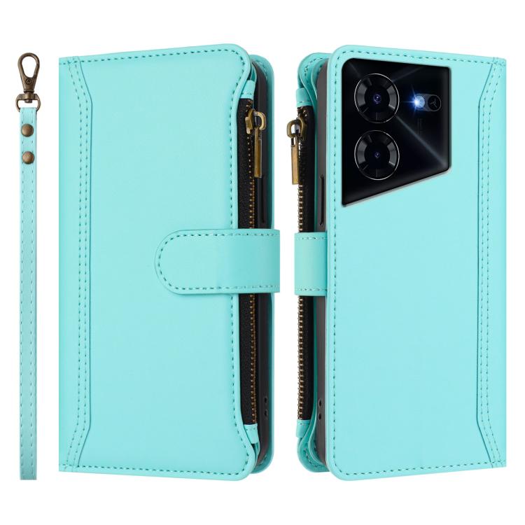 For Tecno Pova 5 Pro 5G Magnetic Closure 9 Card Slots Zipper Leather Case with Hand Strap