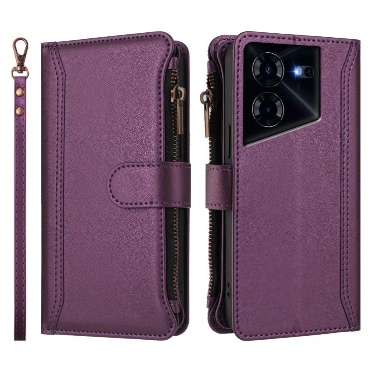 For Tecno Pova 5 Pro 5G Magnetic Closure 9 Card Slots Zipper Leather Case with Hand Strap