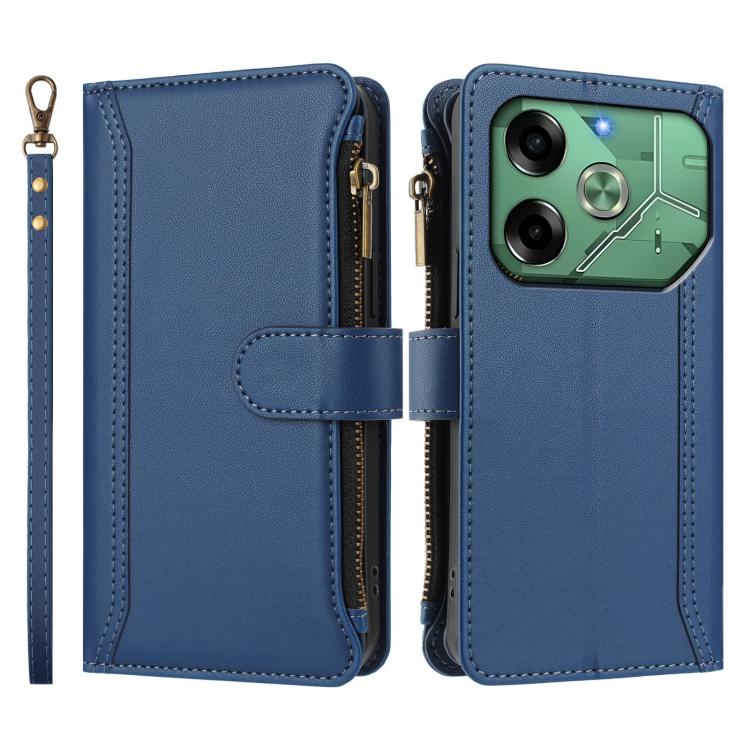 For Tecno Pova 6 4G Magnetic Closure 9 Card Slots Zipper Leather Case with Hand Strap