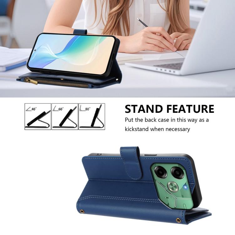 For Tecno Pova 6 4G Magnetic Closure 9 Card Slots Zipper Leather Case with Hand Strap