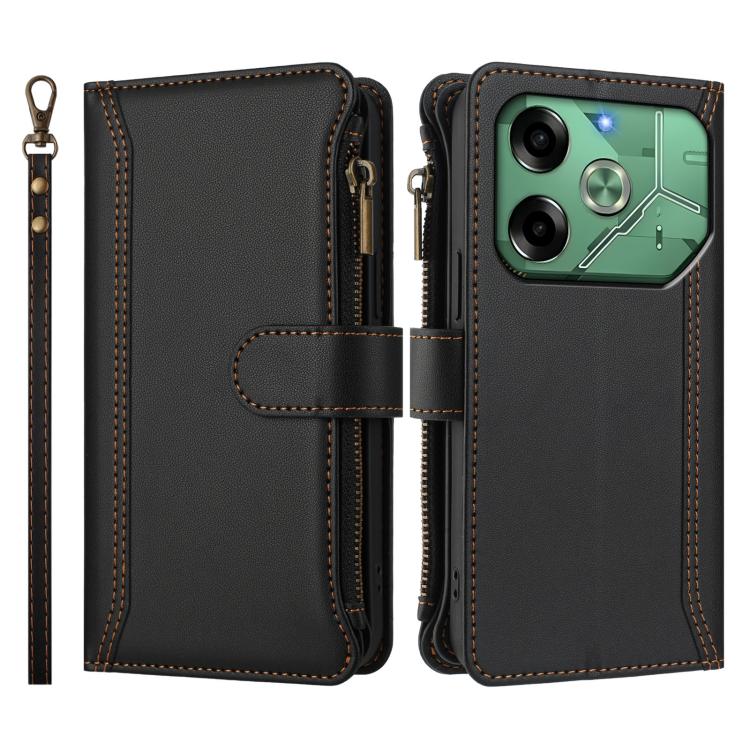 For Tecno Pova 6 4G Magnetic Closure 9 Card Slots Zipper Leather Case with Hand Strap