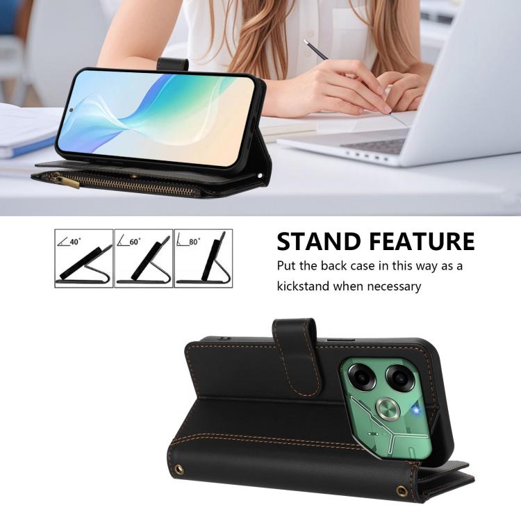 For Tecno Pova 6 4G Magnetic Closure 9 Card Slots Zipper Leather Case with Hand Strap